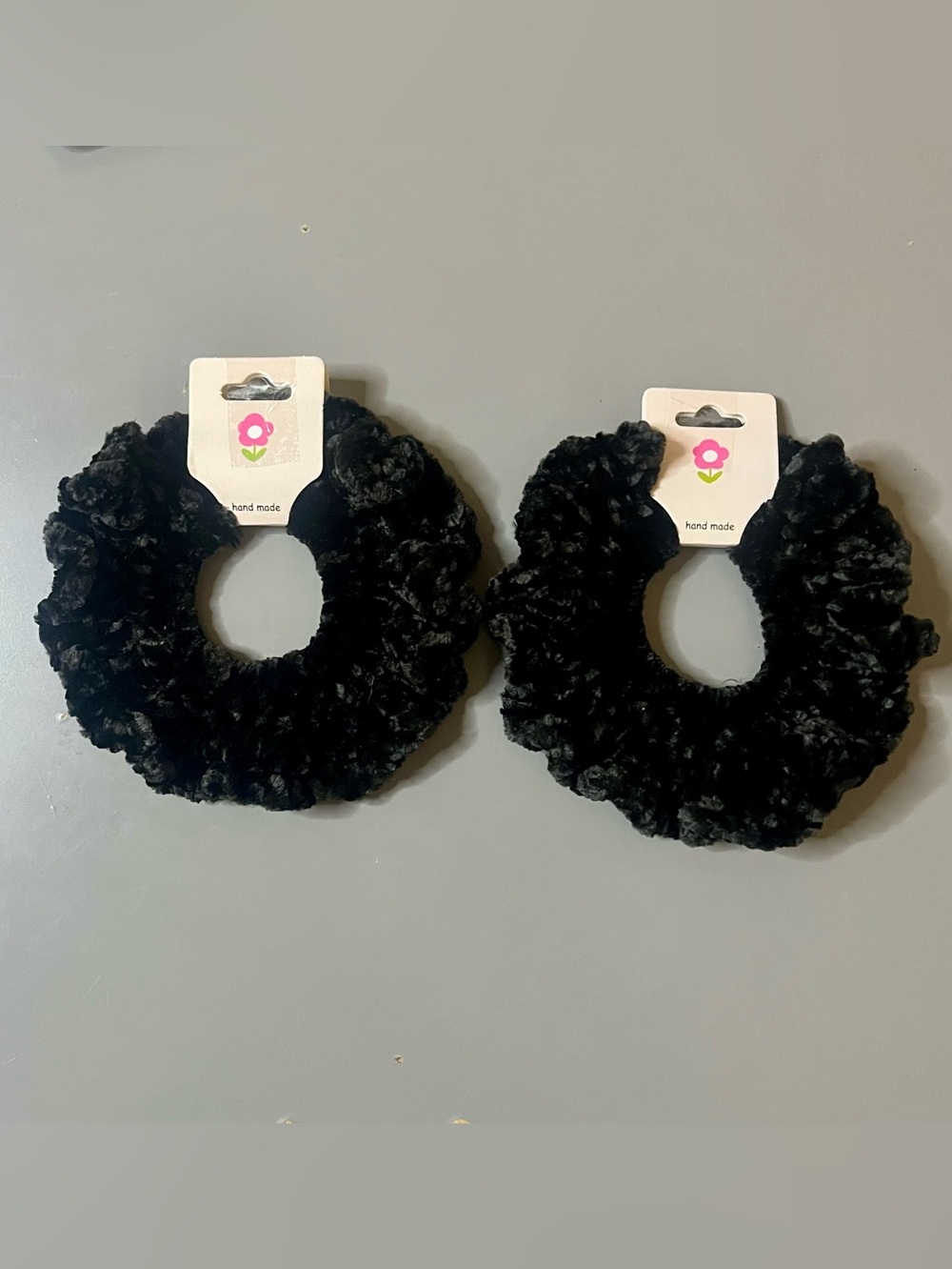 Set of 2 Black Velvet Crochet Scrunchies Handmade NWT Chenille Hair Ties